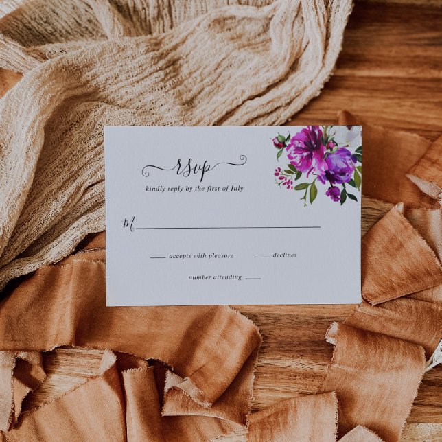 Tarjeta De Confirmación De Asistencia Moderno Floral vibrante negrita Boda Púrpura brill (Subido por el creador)
