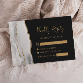 Tarjeta De Confirmación De Asistencia Moderno Gris White Gold Agate Boda oscuro