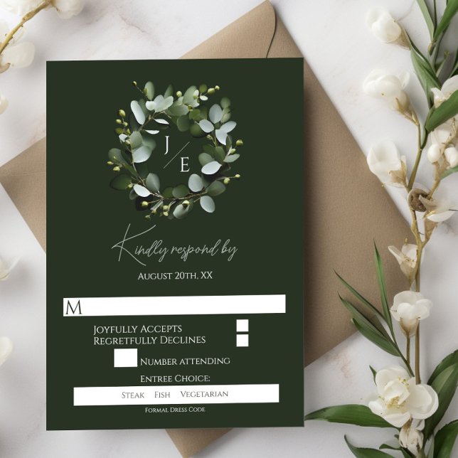 Tarjeta De Confirmación De Asistencia Moderno Monograma Eucalyptus Wreath | Verde oscuro (Dark Green Modern Monogram Eucalyptus Wreath Wedding RSVP)