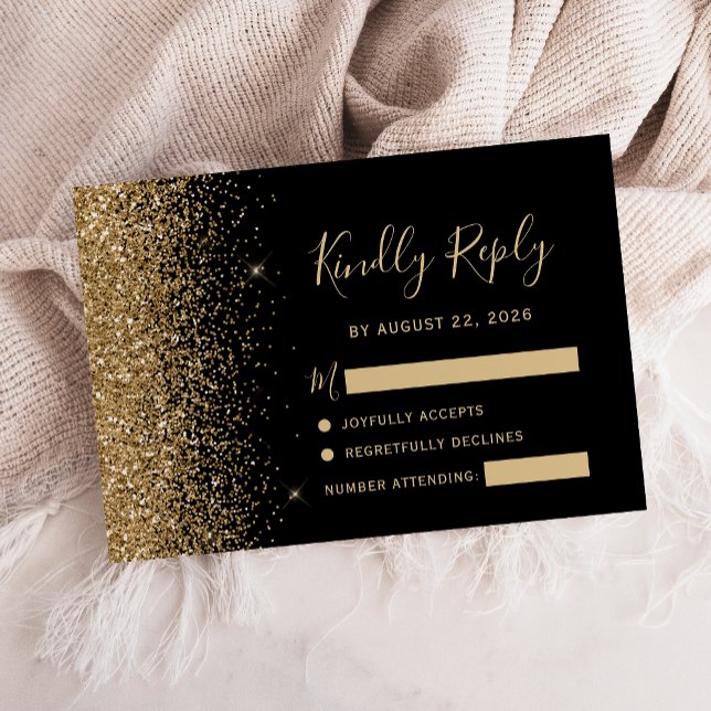 Tarjeta De Confirmación De Asistencia Moderno Purpurina Black Gold Faux Edge (Subido por el creador)