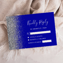 Tarjeta De Confirmación De Asistencia Moderno Royal Blue Silver Faux Purpurina Edge