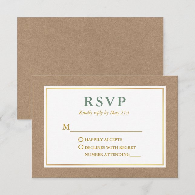 Tarjeta De Confirmación De Asistencia Moderno Sage Green White Gold Kraft (Anverso / Reverso)