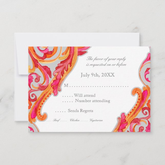 Tarjeta De Confirmación De Asistencia Moderno Swirl Flourish Heart Tangerine Hot Pink (Anverso)
