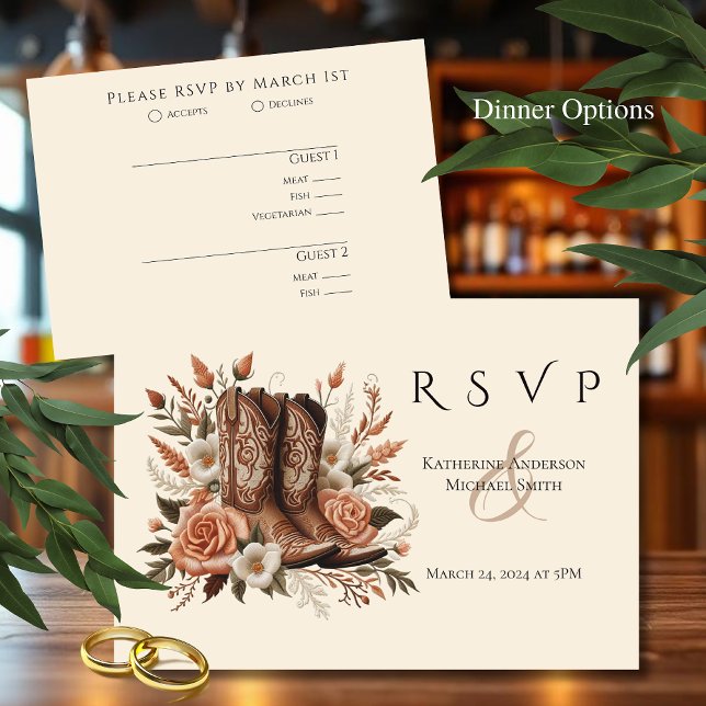 Tarjeta De Confirmación De Asistencia Moderno y elegante País Occidental - Flores (Modern Elegant Country Western- Flowers RSVP Card Cowboy boots)