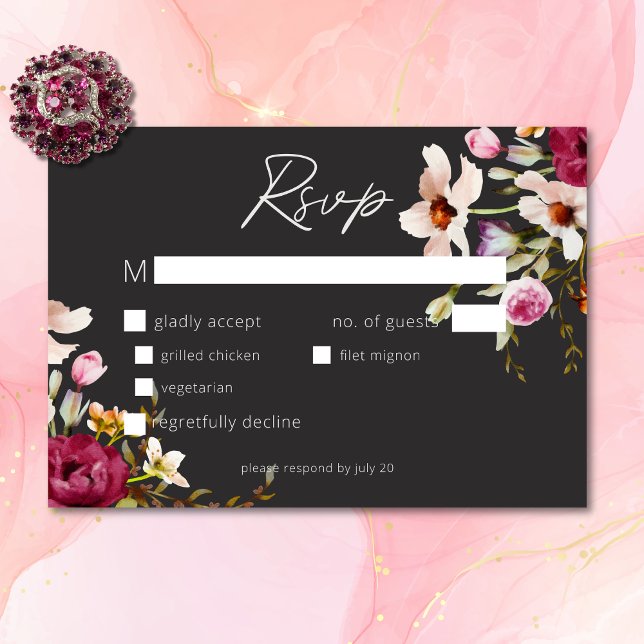 Tarjeta De Confirmación De Asistencia Moderno y elegante verano pradera floral Boda negr (Modern Elegant Summer Meadow Floral Black Wedding RSVP Card)