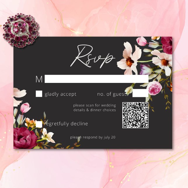 Tarjeta De Confirmación De Asistencia Moderno y elegante verano pradera floral Boda negr (Modern Elegant Summer Meadow Floral Black Wedding RSVP Card)