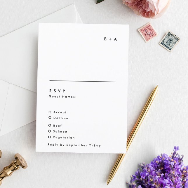 Tarjeta De Confirmación De Asistencia Moderno y simple Boda de Monograma Blanco y Negro (Subido por el creador)