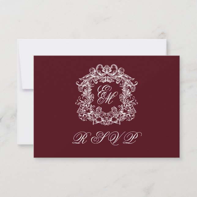 Tarjeta De Confirmación De Asistencia Monogram Crest Elegant Burgundy Wedding (Anverso)