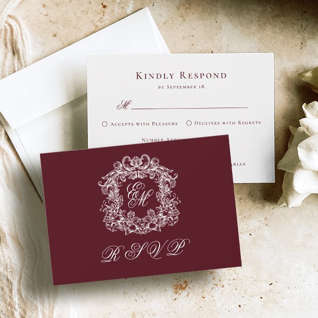Tarjeta De Confirmación De Asistencia Monogram Crest Elegant Burgundy Wedding (Subido por el creador)