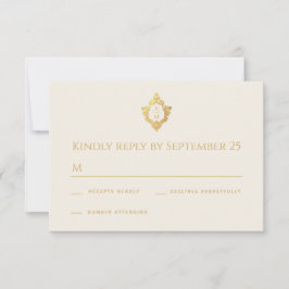 Tarjeta De Confirmación De Asistencia Monogram Crest Ivory Gold Elegant Vintage Wedding