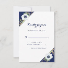 Tarjeta De Confirmación De Asistencia Monograma Anemona Floral Boda Blanco Azul