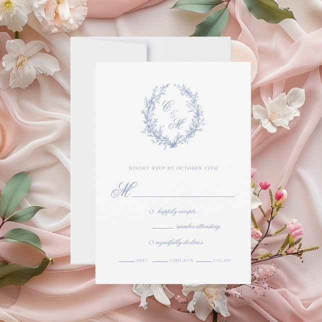 Tarjeta De Confirmación De Asistencia Monograma azul turbio Boda de guirnaldas botánicas (Subido por el creador)