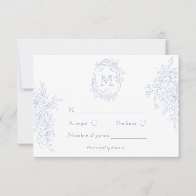 Tarjeta De Confirmación De Asistencia Monograma Boda de tela azul floral inicial (Anverso)