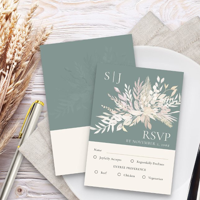 Tarjeta De Confirmación De Asistencia Monograma botánico Sage Green Boda Entree (Sage Green Elegant RSVP card with entree options - Foliage Duet wedding collection)