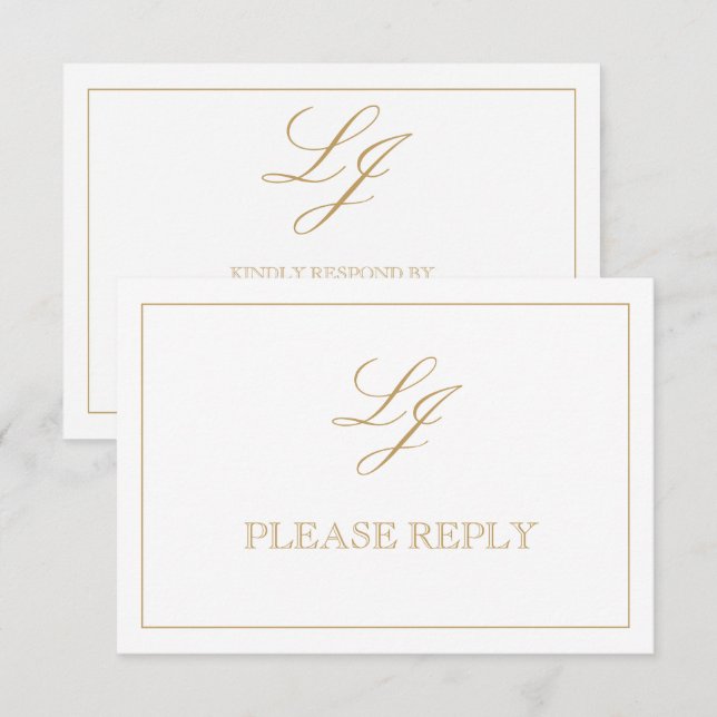 Tarjeta De Confirmación De Asistencia Monograma clásico de caligrafía de oro sin comidas (Anverso / Reverso)