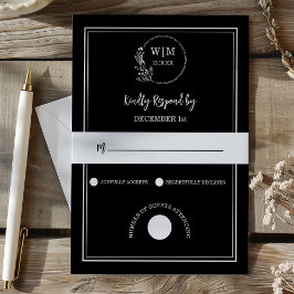 Tarjeta De Confirmación De Asistencia Monograma de Boda con Dibujo de Línea Negra Elegan