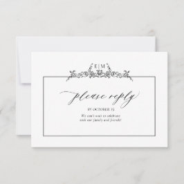 Tarjeta De Confirmación De Asistencia Monograma de borde floral blanco y negro