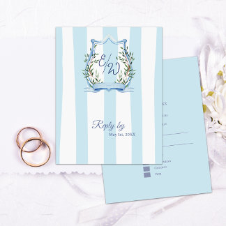Tarjeta De Confirmación De Asistencia Monograma de jardín de franja azul para boda campe
