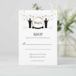 Tarjeta De Confirmación De Asistencia Monograma de oro masculino Boda LGBTQ