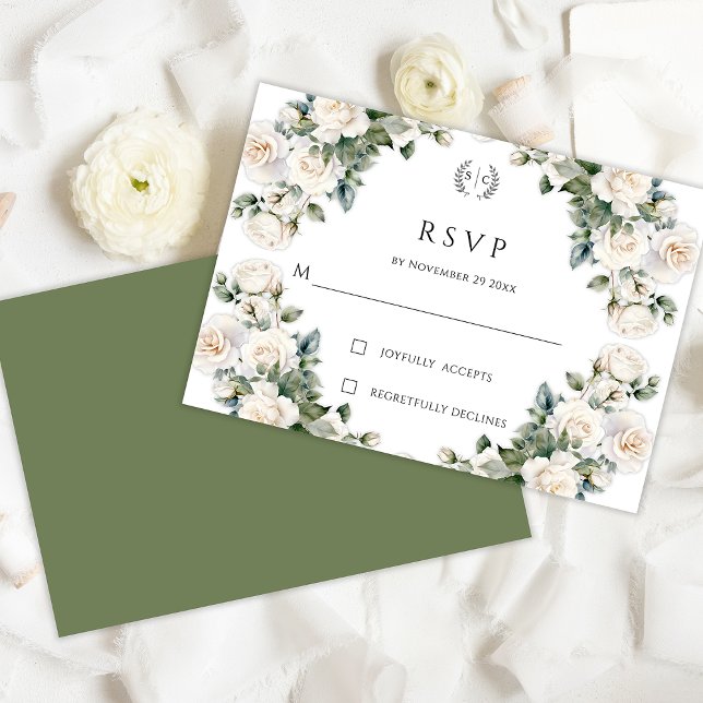 Tarjeta De Confirmación De Asistencia Monograma de White Rose Garland Boda (Subido por el creador)