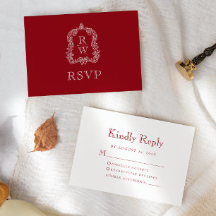 Tarjeta De Confirmación De Asistencia Monograma Escudo Boda rojo Cranberry