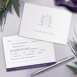 Tarjeta De Confirmación De Asistencia Monograma escudo cardíaco boda morado blanco plate