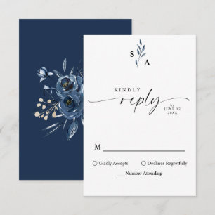 Tarjeta De Confirmación De Asistencia Monograma Minimalista Elegante Caligrafía Azul Mar