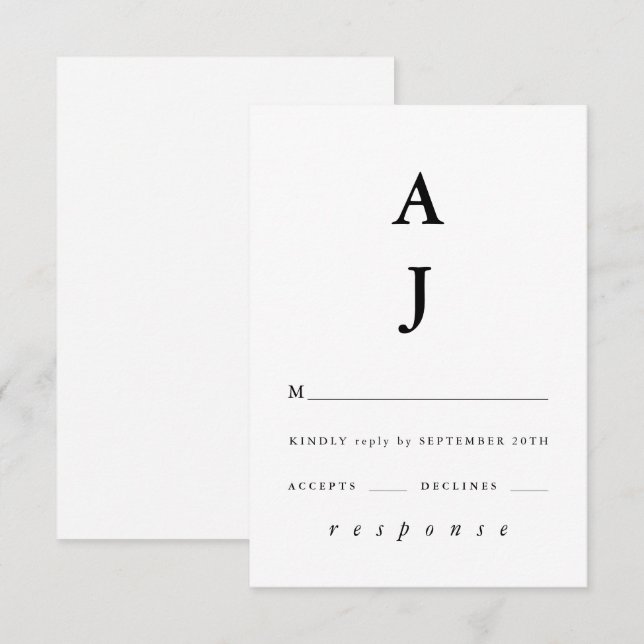 Tarjeta De Confirmación De Asistencia Monograma mínimo Boda blanco y negro (Anverso / Reverso)