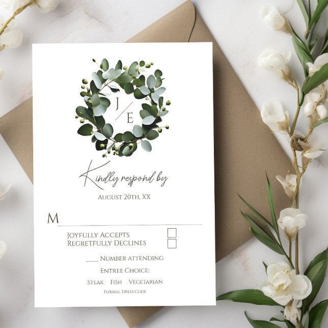 Tarjeta De Confirmación De Asistencia Monograma moderno Eucalyptus Wreath Boda | Blanca (White Modern Monogram Eucalyptus Wreath Wedding RSVP)