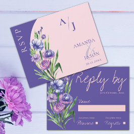 Tarjeta De Confirmación De Asistencia Monograma morado floral elegante Boda rosa Rubor