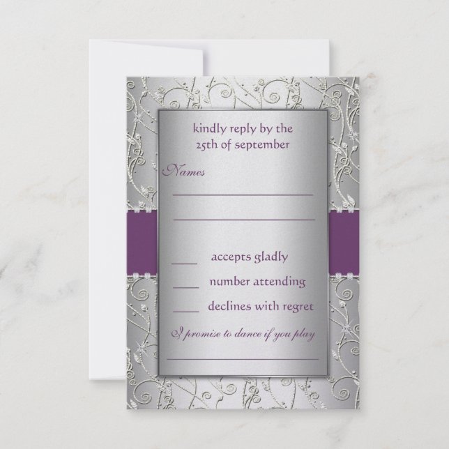 Tarjeta De Confirmación De Asistencia Monograma morado y plateado Boda Swirl (Anverso)