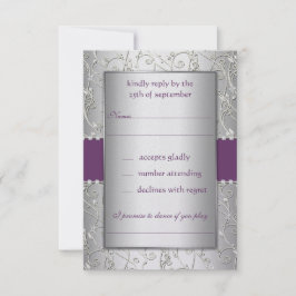 Tarjeta De Confirmación De Asistencia Monograma morado y plateado Boda Swirl