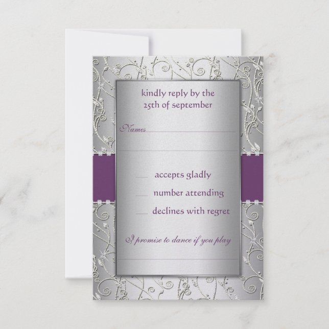 Tarjeta De Confirmación De Asistencia Monograma morado y plateado Boda Swirl (Anverso)