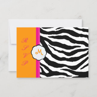 Tarjeta De Confirmación De Asistencia Monograma/Pink/Naranja caliente/RSVP de cebra