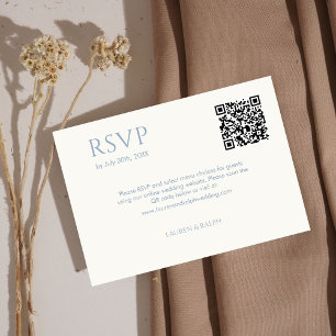 Tarjeta De Confirmación De Asistencia Monograma QR de matrimonio Dusty Blue & Ivory Coup