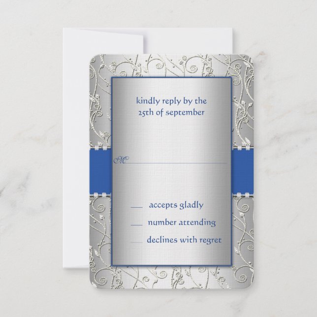 Tarjeta De Confirmación De Asistencia Monograma Royal Blue Silver Swirl Boda (Anverso)
