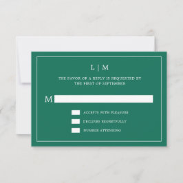 Tarjeta De Confirmación De Asistencia Monograma verde esmeralda simple matrimonio elegan