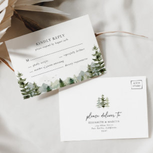 Tarjeta De Confirmación De Asistencia Montaña Evergreen Woodland Forest Elegant Wedding