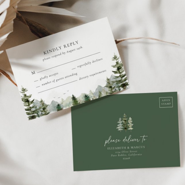 Tarjeta De Confirmación De Asistencia Montaña Evergreen Woodland Forest Elegant Wedding (Subido por el creador)