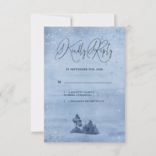 Tarjeta De Confirmación De Asistencia Montaña Pine Trees Blue Light Winter Wedding