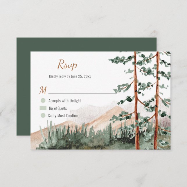 Tarjeta De Confirmación De Asistencia Montañas Rústicas Bosque Pine Spruce Trees Boda (Anverso / Reverso)