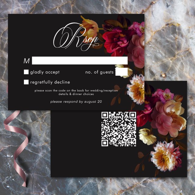 Tarjeta De Confirmación De Asistencia Moody Black Floral Painterly Red Burgundy Wedding (Moody Black Floral Painterly Red Burgundy Wedding QR Code RSVP Card)