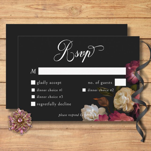 Tarjeta De Confirmación De Asistencia Moody Borgoña oscuro y cream Peonies Black Dinner (Dark Moody Burgundy & Cream Peonies Black Dinner RSVP Card)