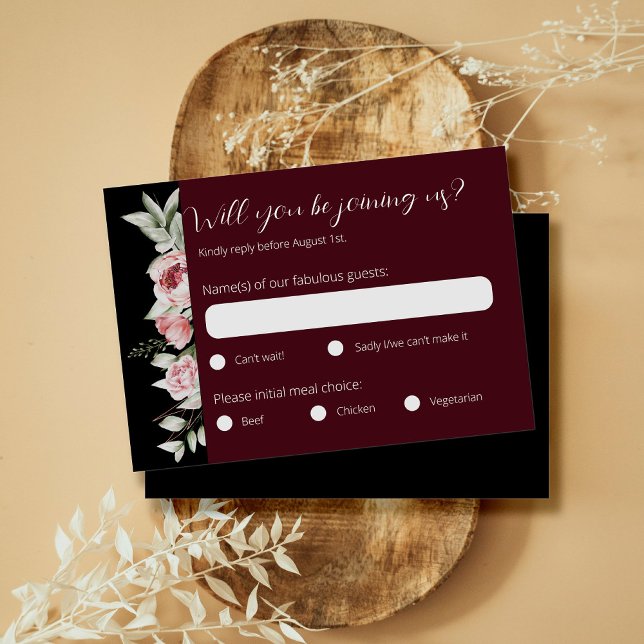 Tarjeta De Confirmación De Asistencia Moody Burgundy Dark Boda Floral (Subido por el creador)