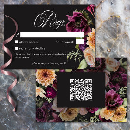 Tarjeta De Confirmación De Asistencia Moody Dark Floral Black Burgundy Romantic Wedding
