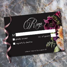 Tarjeta De Confirmación De Asistencia Moody Dark Floral Black Burgundy Romantic Wedding