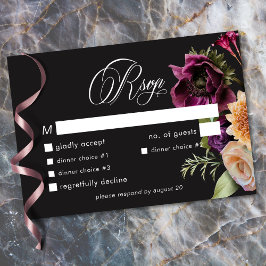 Tarjeta De Confirmación De Asistencia Moody Dark Floral Black Burgundy Romantic Wedding