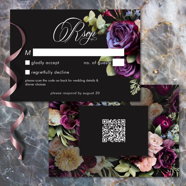 Tarjeta De Confirmación De Asistencia Moody Dark Floral Black Burgundy Romantic Wedding (Moody Dark Floral Black Burgundy Romantic Wedding QR RSVP Card)