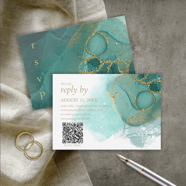 Tarjeta De Confirmación De Asistencia Moody Ink Emerald Gold Abstract ID988 (Subido por el creador)