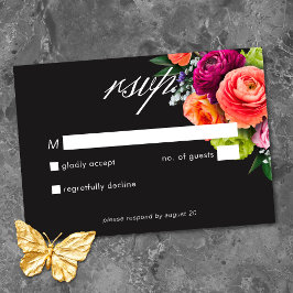 Tarjeta De Confirmación De Asistencia Moody Luxe Floral Vibrant Pink Black Wedding